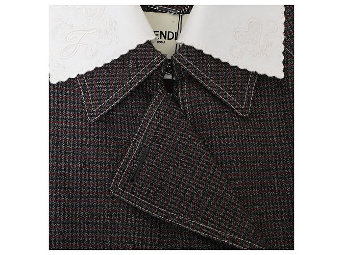 Fendi Gingham Double-Breasted Coat in Brown Wool Red - view 5