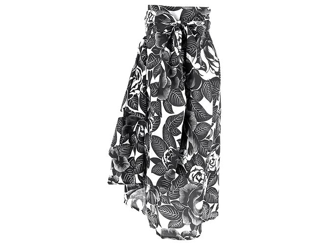 Falda midi con cintura anudada en algodón negro y blanco con estampado floral de Lanvin - vista 2