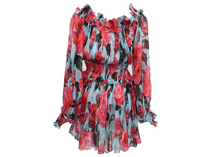 Abito mini in seta multicolore con stampa floreale e spalle scoperte di Dolce & Gabbana - vista 3