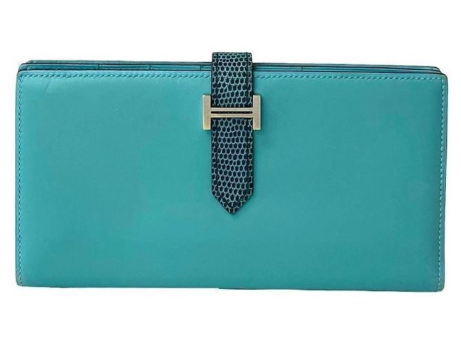 Hermès Béarn Soufflet Lang Wallet aus Lizard Tadelakt Blau - Ansicht 2