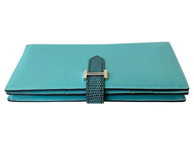 Hermès Béarn Soufflet Lang Wallet aus Lizard Tadelakt Blau - Ansicht 4