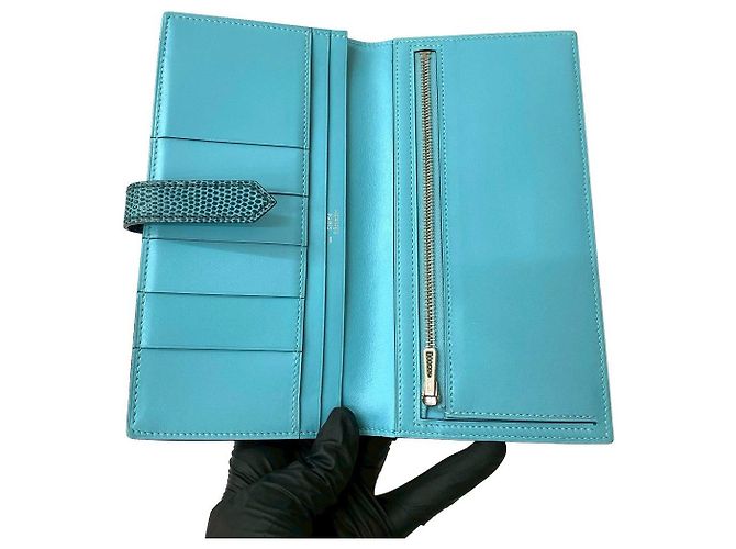 Hermès Béarn Soufflet Lang Wallet aus Lizard Tadelakt Blau - Ansicht 8