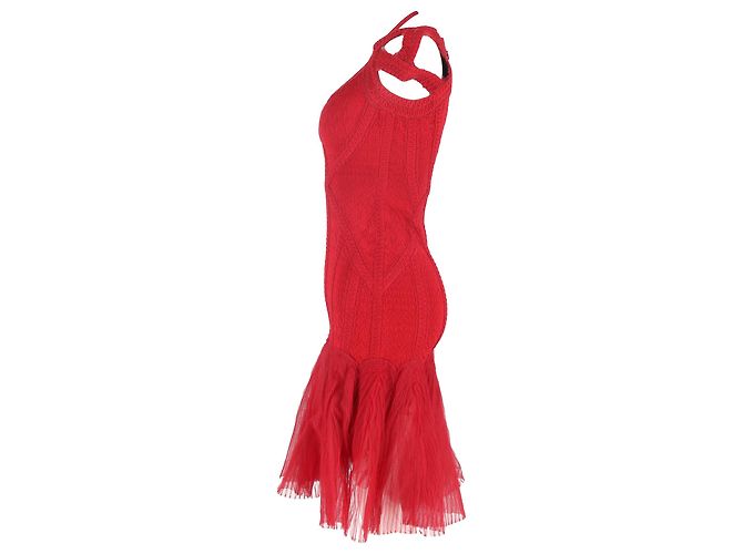 Herve Leger Strick-Tüll-Bandage-Midi-Kleid aus roter Viskose - Ansicht 2
