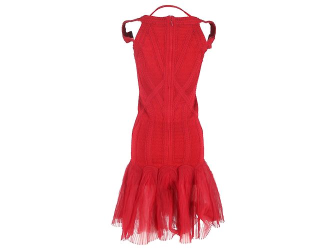 Herve Leger Strick-Tüll-Bandage-Midi-Kleid aus roter Viskose - Ansicht 3