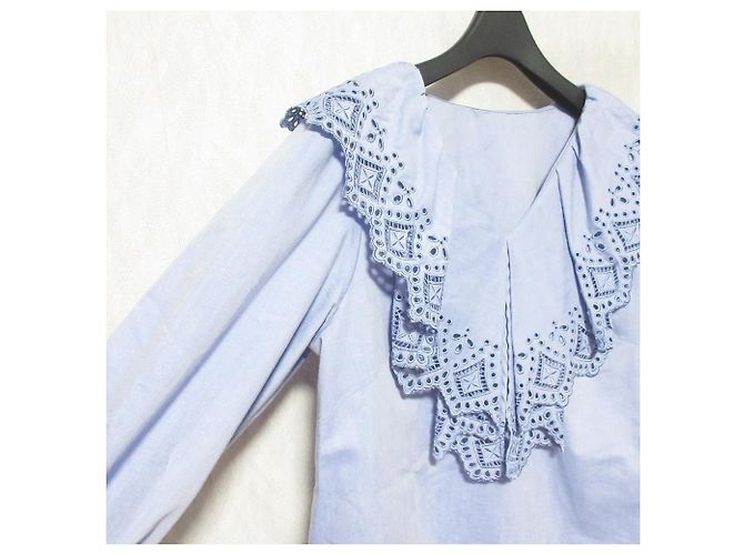 Autre Marque JUSGLITTY Bluse mit Cutwork und Rüschendetails Blau - Ansicht 3