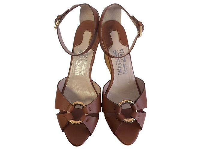Sandali con zeppa in pelle Salvatore Ferragamo Marrone - vista 3