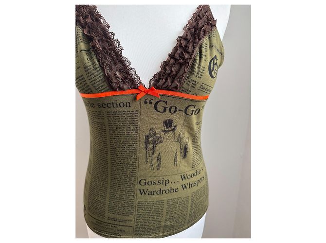Top con spalline John Galliano Khaki Arancione Cotone - vista 3