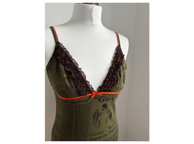 Top con spalline John Galliano Khaki Arancione Cotone - vista 8