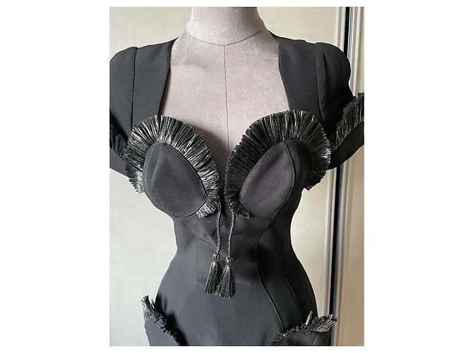 Vestido preto Thierry Mugler de poliéster e ráfia - vista 2