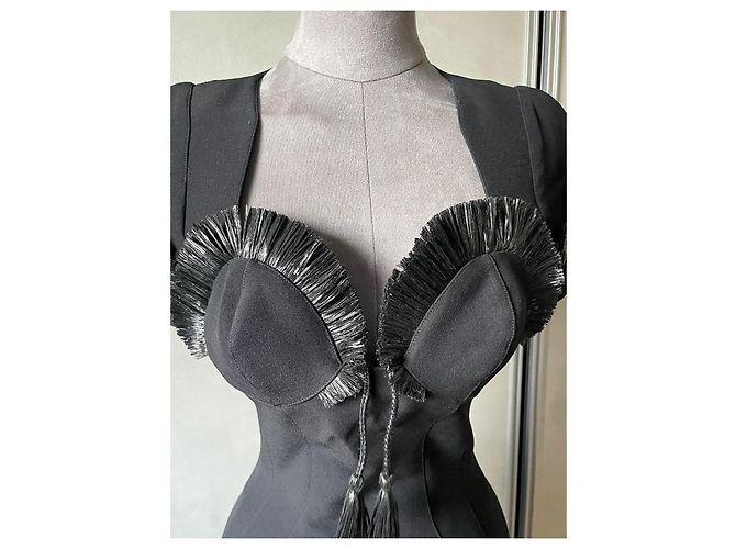 Vestido preto Thierry Mugler de poliéster e ráfia - vista 5