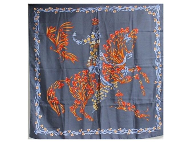 Hermès Seidenschal - Design Blühendes Pferd Braun Blau Orange - Ansicht 2