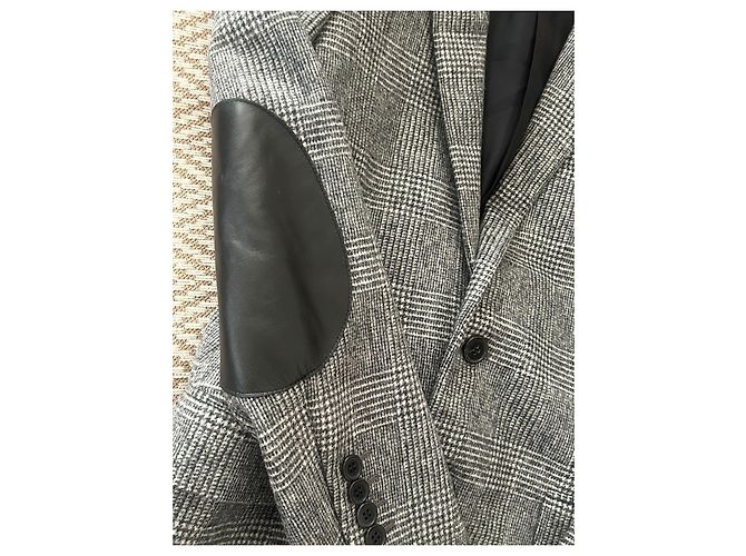 Saint Laurent Wolljacke mit Lederbesatz Schwarz Weiß - Ansicht 3
