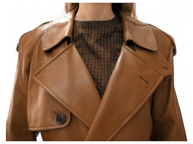 NUEVO RARO TRENCH LARGO SAINT LAURENT 740485 36 S ABRIGO DE CUERO CAMEL Camello - vista 2