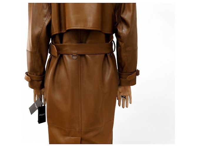 NUEVO RARO TRENCH LARGO SAINT LAURENT 740485 36 S ABRIGO DE CUERO CAMEL Camello - vista 6