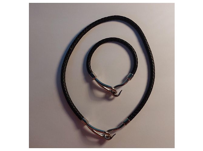 Set collana e bracciale Hermès Jumbo pelle intrecciata nera e metallo argentato Argento - vista 2