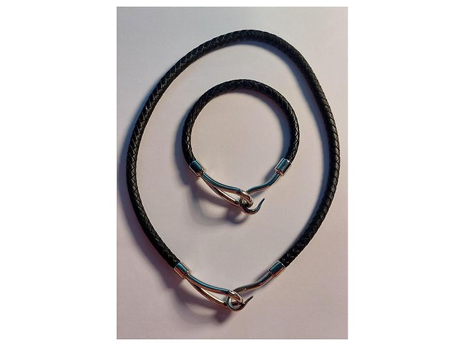 Set collana e bracciale Hermès Jumbo pelle intrecciata nera e metallo argentato Argento - vista 3