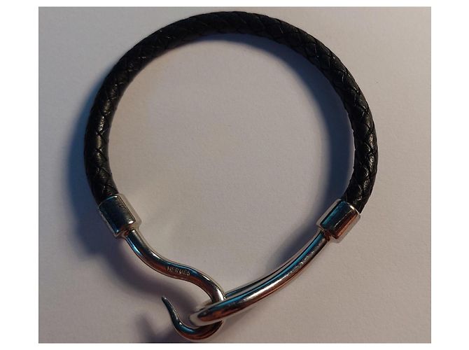 Set collana e bracciale Hermès Jumbo pelle intrecciata nera e metallo argentato Argento - vista 6