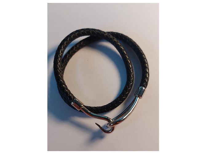 Set collana e bracciale Hermès Jumbo pelle intrecciata nera e metallo argentato Argento - vista 7