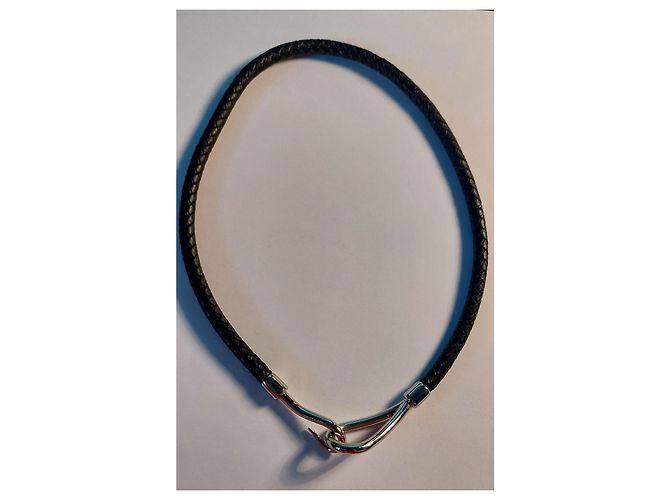 Set collana e bracciale Hermès Jumbo pelle intrecciata nera e metallo argentato Argento - vista 8