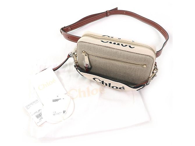 Borsa Pouch Chloé WOODY in Lino e Pelle Marrone Beige - vista 2