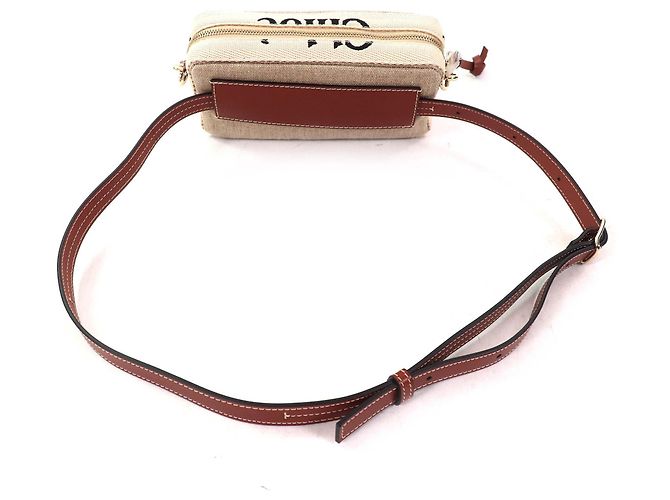 Borsa Pouch Chloé WOODY in Lino e Pelle Marrone Beige - vista 4