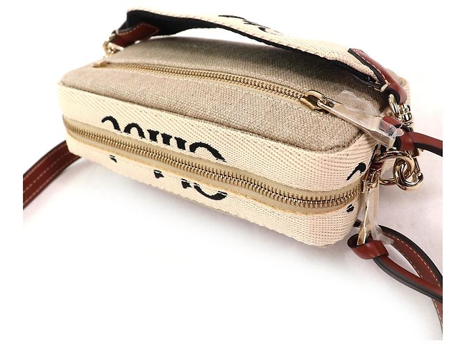 Borsa Pouch Chloé WOODY in Lino e Pelle Marrone Beige - vista 5
