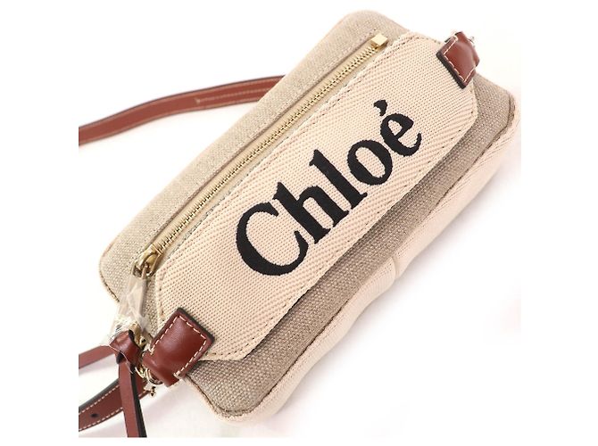 Borsa Pouch Chloé WOODY in Lino e Pelle Marrone Beige - vista 6