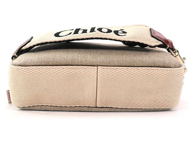 Borsa Pouch Chloé WOODY in Lino e Pelle Marrone Beige - vista 7