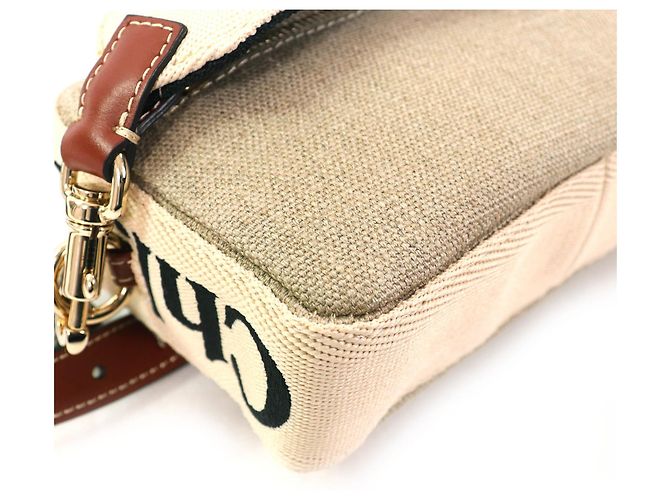 Borsa Pouch Chloé WOODY in Lino e Pelle Marrone Beige - vista 8