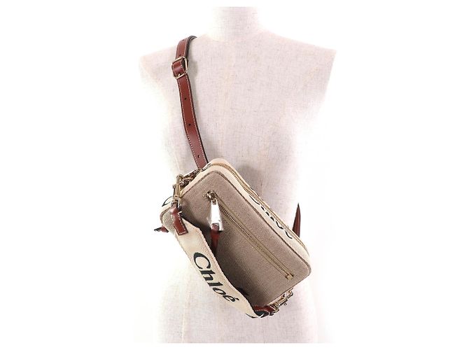Borsa Pouch Chloé WOODY in Lino e Pelle Marrone Beige - vista 9