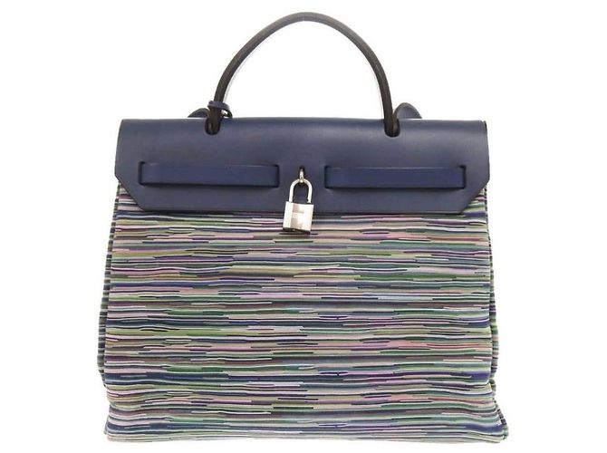 Hermès Borsa HERMES 2WAY Herbag PM in pelle Vibrato Towar Officier Blu Metallo Argento - vista 6
