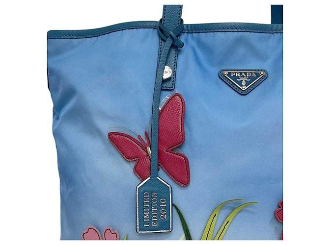 Borsa Tote Prada blu in nylon e pelle Saffiano B4605C Blu chiaro - vista 7