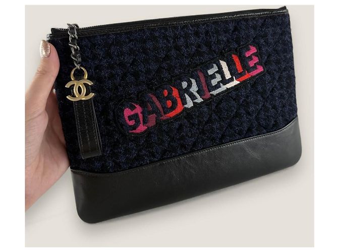 Clutch Chanel Gabrielle in tweed e pelle di vitello Blu - vista 3