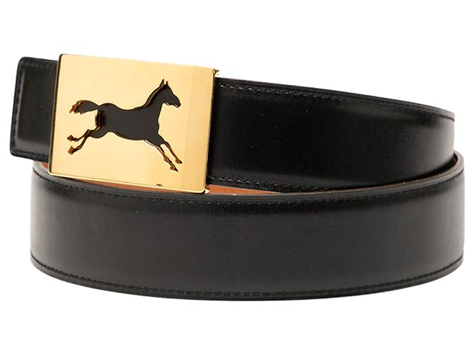 Cinturón de piel de ternera negra Hermès con hebilla de caballo. Negro - vista 2