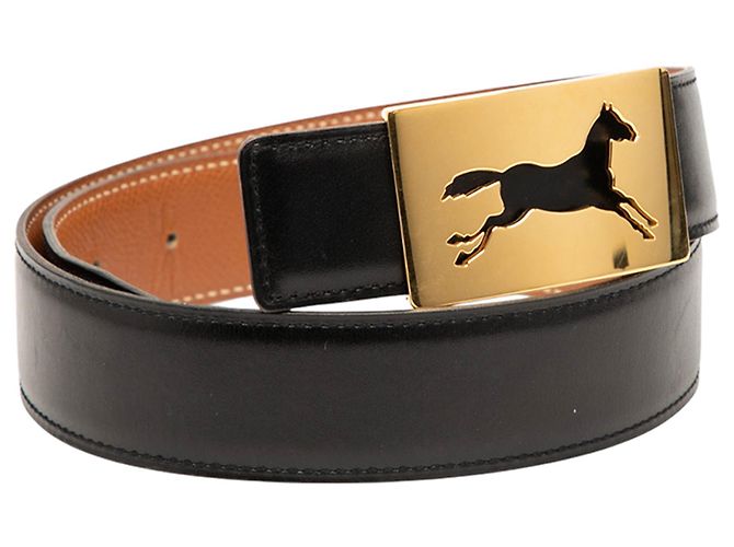 Cinturón de piel de ternera negra Hermès con hebilla de caballo. Negro - vista 3