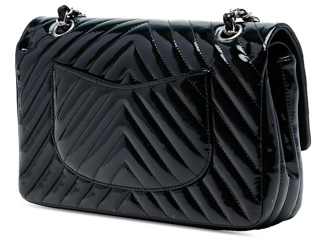 Chanel Azul Médio Clássico Chevron Patente Dupla Aba Azul marinho - vista 2