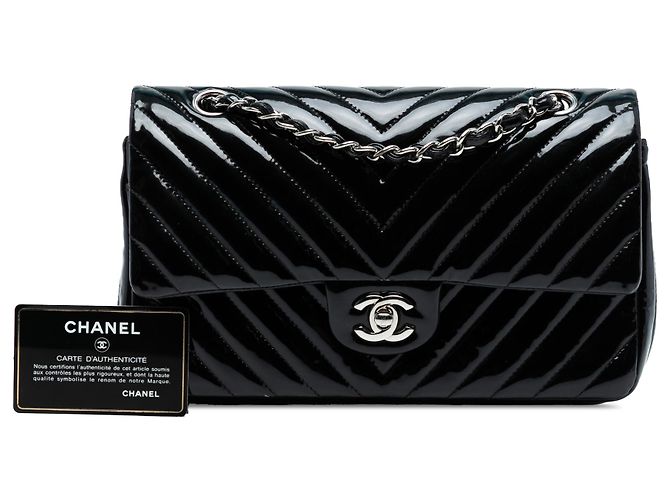 Chanel Azul Médio Clássico Chevron Patente Dupla Aba Azul marinho - vista 8