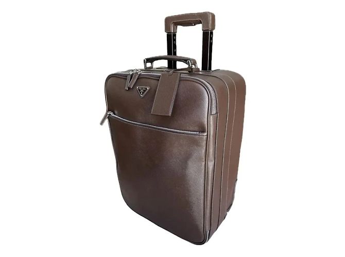 Valigia Trolley Prada in Pelle Saffiano Nera Marrone - vista 2