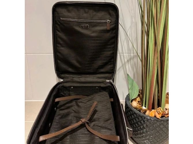 Valigia Trolley Prada in Pelle Saffiano Nera Marrone - vista 9