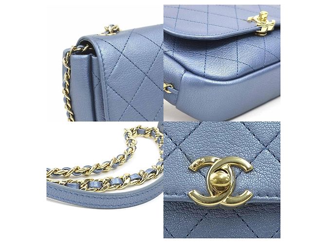 Borsa a spalla in pelle blu metallico Chanel - vista 3