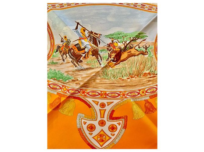 Hermès Carré 90 – "Cavalieri Peuls" – Seta twill – Arancione, Beige e Cielo – Nuovo con scatola e nastro - vista 4