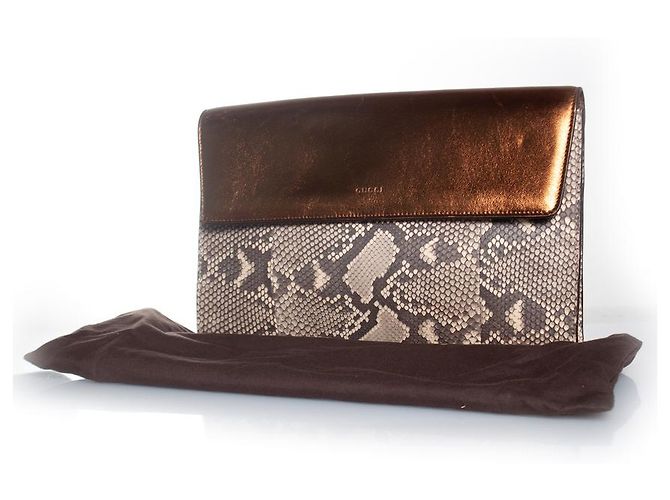 Gucci Python-Leder-Clutch mit metallischem Klappdeckel Braun - Ansicht 2