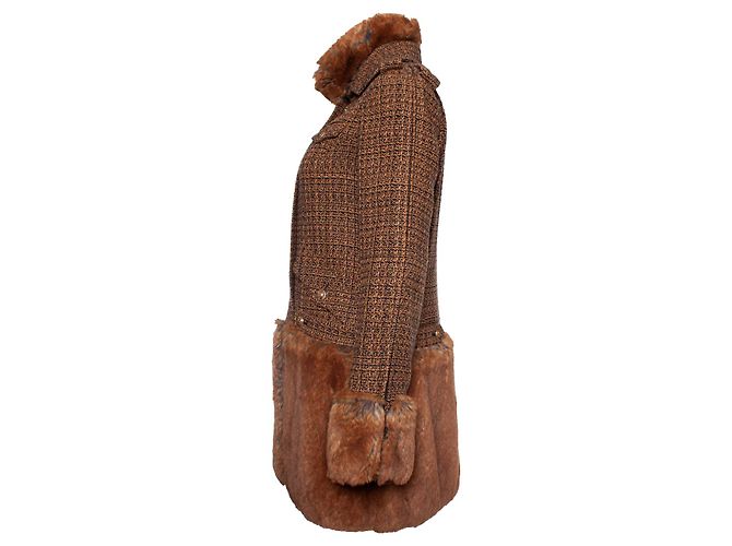 Chanel Tweed-Mantel mit Kunstfell Braun - Ansicht 3