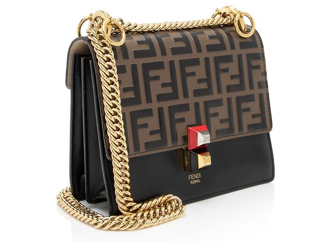 Borsa a Spalla Fendi Kan I Small in Pelle di Vitello Embossata FF Nero - vista 2