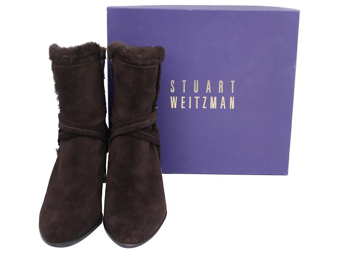 Stivaletti con tacco a blocco foderati in pelliccia in suede marrone Stuart Weitzman Porpora - vista 7
