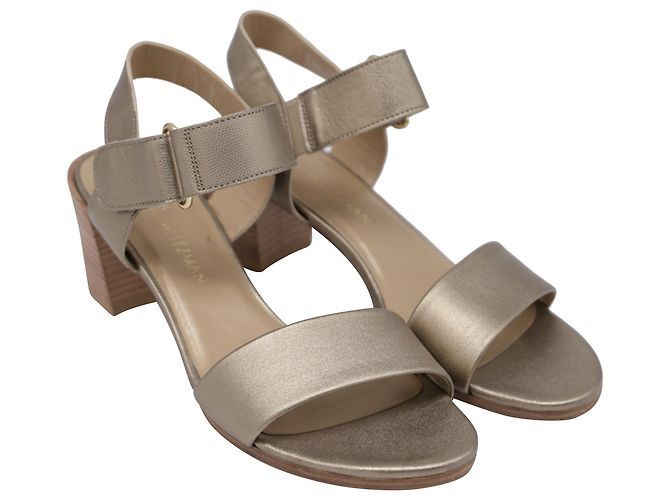 Stuart Weitzman Ankle Strap Block-Heel Sandals in Metallic Gold Leather Golden - view 3