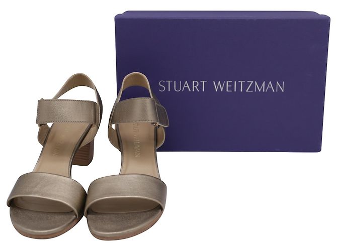 Stuart Weitzman Ankle Strap Block-Heel Sandals in Metallic Gold Leather Golden - view 6