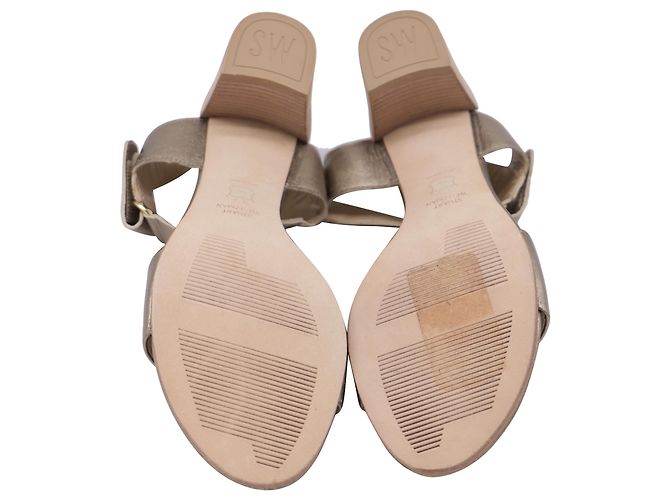 Stuart Weitzman Ankle Strap Block-Heel Sandals in Metallic Gold Leather Golden - view 7