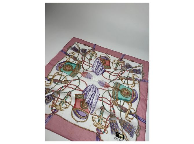 Céline Sciarpa Vintage Celine Grigio Bianco Rosa Multicolore - view 6