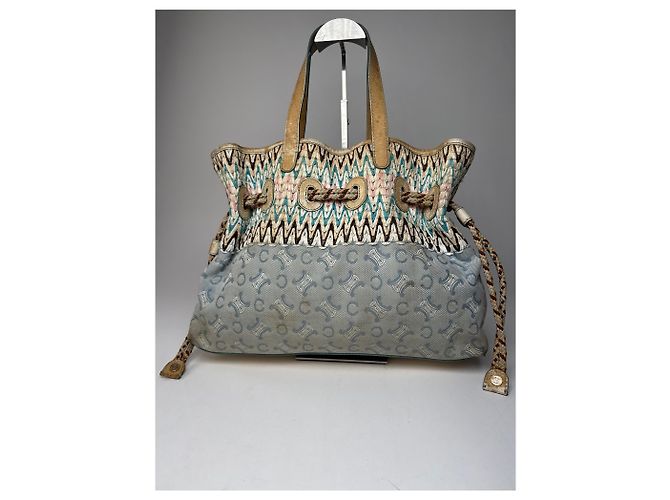 Triomphe Céline Vintage Celine Monogram Handtasche Beige Blau Weiß - Ansicht 13